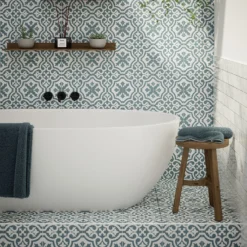 Fiore Teal / White Victorian Pre-scored Porcelain Wall & Floor Tile 450 X 450mm - 1.42sqm Pack -Homebase Shop 13220597 7264909608388476