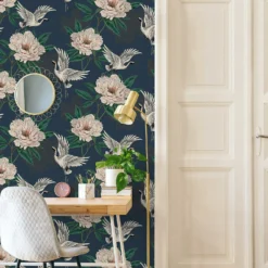 Grandeco Flying Cranes Navy Metallic Wallpaper -Homebase Shop 13980232 9364998777375135