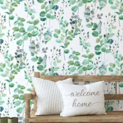 Fresco Watercolour Green Leaves White Grey Wallpaper -Homebase Shop 13991828 1125003725130025